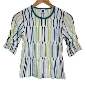 M Missoni Size 40 US Small White Blue Green Ruffle Sleeve Knit Top